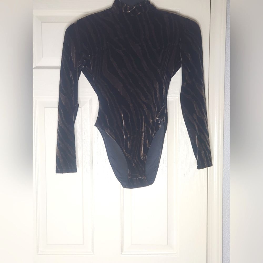 Vtg Paolo Santini M Small Tiger Lngslv Velvet Zipper Women's Bodysuit